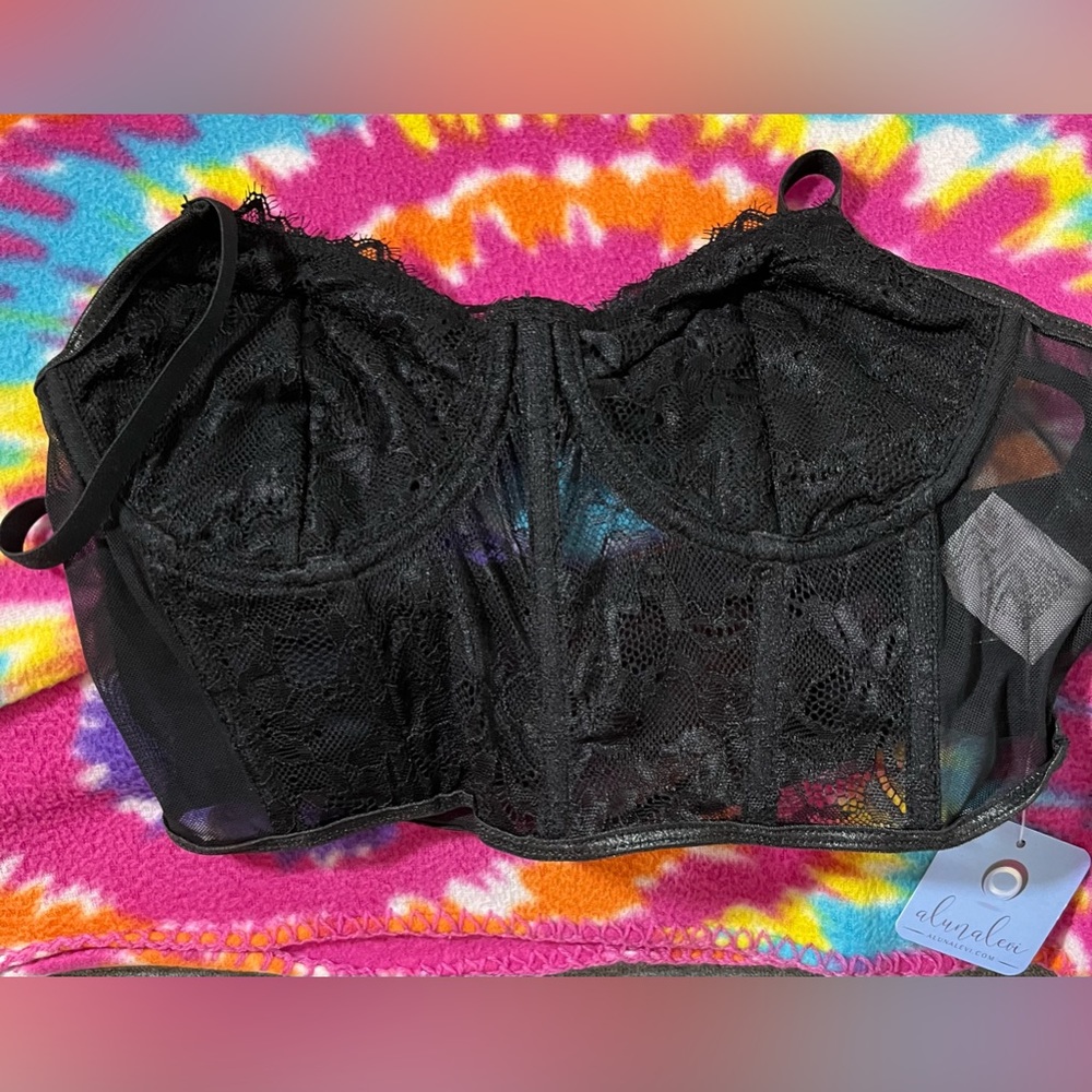 Alunalevi  Size Small Black Corset Style Bralette Sheer Lace Adjustable Straps
